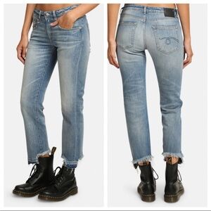 R13 Blue Emil Boy Straight Frayed Hem Cropped Jeans